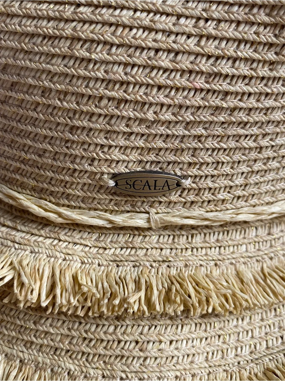 Scala Collezione Women’s Yellow Straw Sun Hat with Fringed Brim and Tie Detail